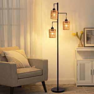 Boho Rattan Floor Lamp - Standing Lamps for Living Room Dimmable Floor Lamp with Cage Shade, Industrial Farmhouse Floor Lamps Rustic Floor Lamps Vintage Lamp for Living Room Bedroom Office