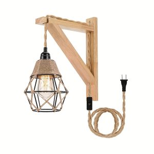 1pc Rustic Wall Lamp with Wood Shelf Bracket and Switch Cord - Farmhouse Hanging Sconce for Living Room and Bedroom - Plug-In Design for Easy Installation (Bulb Not Included)