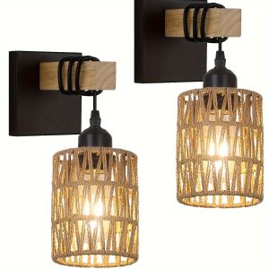 1pc/2pcs Wall Sconces, Farmhouse Wall Mount Lighting, Black Vanity Lights Fixture For Bathroom, Wood Rustic Wall Lamp For Hallway, Living Room, Bedroom, Wall Lights For Hotels, Rattan Wall Sconce, Unique Lamp Fixture