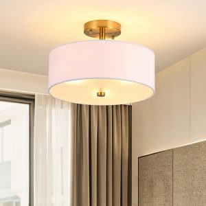 1pc Modern Semi-Flush Mount Ceiling Light Fixture, Golden Drum Light With White Fabric Shade, For Bedroom Living Room Kitchen Hallway Entryway, E26 Bulb Not Included