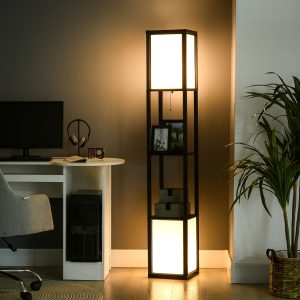 HOMCOM Modern Floor Lamp With Shelves & Dual Ambient Lighting, Tall Standing Lamp For Living Room, Bedroom With Fabric Lampshade (Bulb Not Included), Black