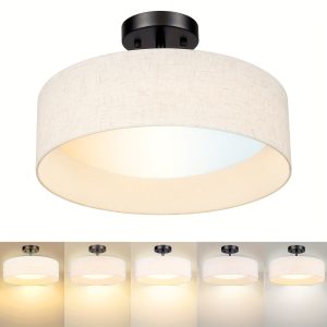 HVALUE Semi Flush Mount Ceiling Light Fixture 15 Inch, 24W LED Ceiling Light With Fabric Shade, Modern Semi Flush Ceiling Light For Bedroom, Kitchen, Bathroom, Living Room, Hallway Dining Room