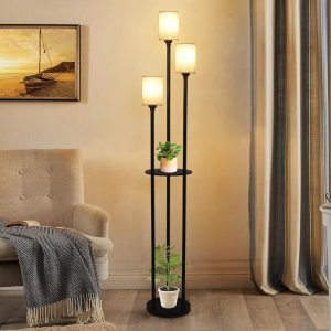 Exterience Floor Lamp with Shelves, Modern Floor Lamps for Living Room, 3-Lights Standing Lamp with Linen Shade and Foot Switch, Industrial Standing Lamps for Bedroom, Black Tall Table Lamp for Office