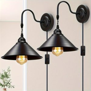 2pcs Vintage Black Metal Wall Sconces with Plug-In Cord - Antique Industrial Style, E26 Base, On/Off Switch - Perfect for Bedroom, Bathroom, Kitchen Home Decor