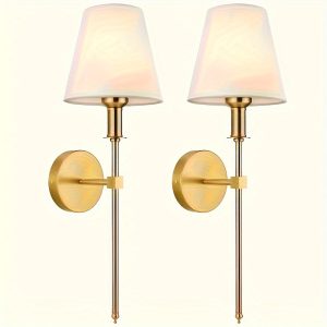 Set of 2 Modern Wall Sconces with Linen Lamp Shade - Industrial Country Style E26 Base Semi Flush Mount Detachable Fixture - Hardwired Room Electrical Lighting for Bedroom, Bathroom, Kitchen ?C No Bulbs Included